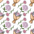 Seamless vector pattern of delicate pink carnations and peonies in a simple brown paper wrap, perfect for spring and floral Royalty Free Stock Photo