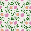 Seamless vector pattern of delicate pink flowers and green foliage interspersed with soft pink Easter eggs on a Cloud Dancer Royalty Free Stock Photo