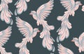 Seamless vector pattern with delicate stylized birds. Ornithological texture in pastel colors on gray background. Delicate surface