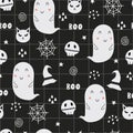 Seamless vector pattern design Halloween. Halloween symbols have ghosts, witch hats, spiders. Cartoon style hand drawn design Royalty Free Stock Photo