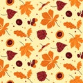 Seamless vector pattern of different autumn leaves, chestnut and acorn. Autumn background in warm colors for the design Royalty Free Stock Photo