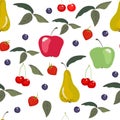 Seamless vector pattern with different fruits and berries. Royalty Free Stock Photo