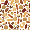 Seamless vector pattern with different nuts peeled and shelled