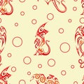Seamless vector pattern with different red dragons and circles ovals on a light yellow background. Design for wallpaper, wrapping