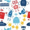 Seamless vector pattern with different retro robots