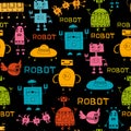 Seamless vector pattern with different retro robots