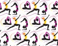 Seamless vector pattern of different yoga asanas. Beautiful womans practice yoga exercises in different poses. Sports