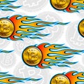 Seamless vector pattern of digital bitcoin crypto currency icons and flames. Royalty Free Stock Photo