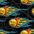 Seamless vector pattern of digital bitcoin crypto currency icons and flames. Royalty Free Stock Photo