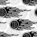 Seamless vector pattern of digital bitcoin crypto currency icons and flames. Royalty Free Stock Photo