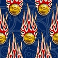Seamless vector pattern of digital bitcoin crypto currency icons and flames. Royalty Free Stock Photo