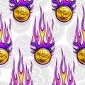 Seamless vector pattern of digital bitcoin crypto currency icons and flames. Royalty Free Stock Photo