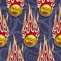 Seamless vector pattern of digital bitcoin crypto currency icons and flames. Royalty Free Stock Photo