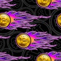 Seamless vector pattern of digital bitcoin crypto currency icons and flames. Royalty Free Stock Photo