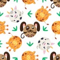 Seamless vector pattern of dog, giraffe, goat. Round sheep, cat, owl on background