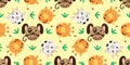 Seamless vector pattern of dog, giraffe, goat. Round sheep, cat, owl on background