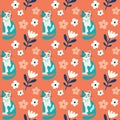 seamless vector pattern doodle cat and flowers