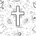 Seamless pattern doodle Christian art - bible, cross, child, heart, dove