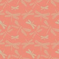 Seamless vector pattern with dragonflies on pink background