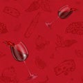 Seamless vector pattern drawing on a red background and realistic wineglass wine with spills. The vine bottle, berries, cheese, po