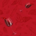 Seamless vector pattern drawing on a red background and realistic wineglass wine with spills. The vine bottle, berries, grapes and