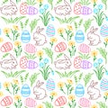Seamless vector pattern with Easter rabbits, Easter eggs and meadow flowers Royalty Free Stock Photo