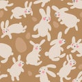Seamless vector pattern with eggs and rabbits on brown background. Hares jump all around and collect Easter eggs. Kawaii pattern