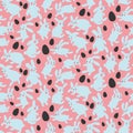 Seamless vector pattern with eggs and rabbits on pink background. Hares jump all around and collect Easter eggs. Kawaii pattern