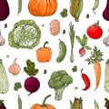 Seamless vector pattern of elements with hand drawn color vegetables on a white background. Sketch style Royalty Free Stock Photo