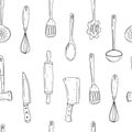 Seamless vector pattern of elements with hand drawn kitchen tools on a white background Royalty Free Stock Photo