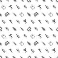 Seamless vector pattern with elements of office supplies. Black and white background with scissors, notebook, laptop, pc,pen,penci Royalty Free Stock Photo