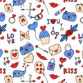 Seamless vector pattern with elements on the theme of Valentine`s Day. Ideal for wrapping paper, printing on clothes Royalty Free Stock Photo