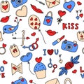 Seamless vector pattern with elements on the theme of Valentine`s Day. Ideal for wrapping paper, printing on clothes Royalty Free Stock Photo