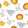 Seamless vector pattern. Elephant, tiger, lion and baby deer. Background for children's products on white background Royalty Free Stock Photo