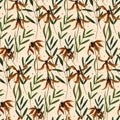 Seamless vector pattern with exotic flowers like a lily. The densely packed flowers and leaves of the palm tree form thickets.