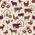 Seamless vector pattern of farm animals, buildings, equipment and other elements in green.