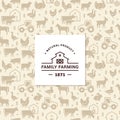 Seamless vector pattern of farm animals, buildings, equipment and other elements with logo