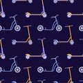 This seamless vector pattern features an array of scooters on a dark background, creating a dynamic and trendy design. The playful Royalty Free Stock Photo