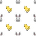 Seamless vector pattern featuring adorable cartoon Easter bunnies and chicks on a clean white background, perfect for festive Royalty Free Stock Photo