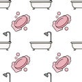 Seamless vector pattern featuring charming cartoon bathtubs, pink soap bars with bubbles, and shower heads on a clean white Royalty Free Stock Photo