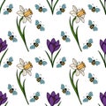 Seamless vector pattern featuring charming cartoon bees buzzing around delicate daffodils and vibrant purple crocuses, evoking a Royalty Free Stock Photo