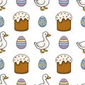 Seamless vector pattern featuring charming cartoon ducks and decorated Easter cakes and eggs Royalty Free Stock Photo