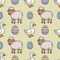 Seamless vector pattern featuring charming cartoon sheep and ducks alongside decorated Easter eggs on a light beige background Royalty Free Stock Photo