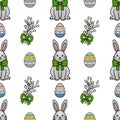 Seamless vector pattern featuring cheerful Easter bunnies with green bows and vibrantly colored, decorated eggs alongside delicate Royalty Free Stock Photo