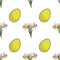 Seamless vector pattern featuring cheerful yellow Easter eggs and delicate white daffodils with orange centers, set against a Royalty Free Stock Photo