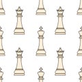 Seamless vector pattern featuring cream-colored chess kings and queens with thick black outlines on a pure white background, ideal Royalty Free Stock Photo