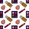 Seamless vector pattern featuring a curated collection of makeup essentials including foundation bottles, eyeshadow palettes, lip Royalty Free Stock Photo