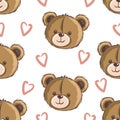 Seamless vector pattern featuring cute bear faces and hearts Royalty Free Stock Photo