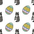 Seamless vector pattern featuring cute cartoon raccoons with black masks alternating with brightly decorated pastel Easter eggs on Royalty Free Stock Photo