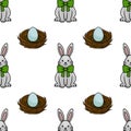 Seamless vector pattern featuring cute Easter bunnies with green bows and nests holding light blue eggs Royalty Free Stock Photo